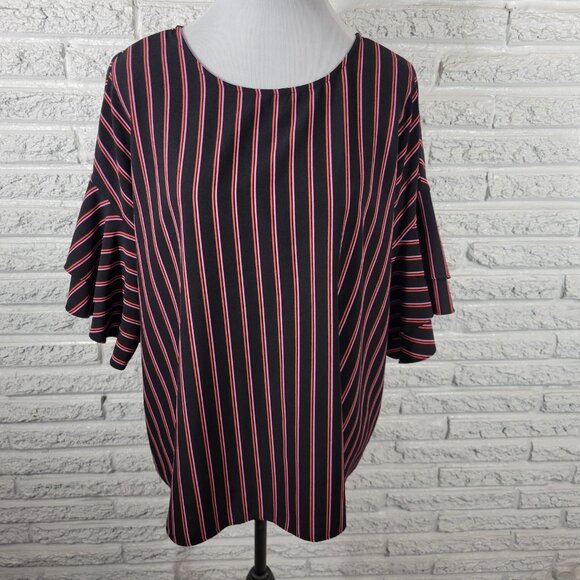Worthington Womens Top 1X Plus Double Bell Sleeve Black Stripe Back STR82E - Picture 1 of 9